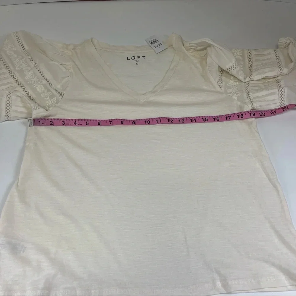 Loft Shirt Womens Size Small Cream Puff Sleeve Embroidered Cotton Blouse NWT